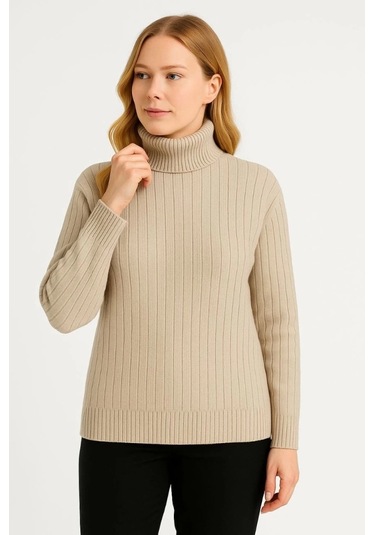 Balıkcı Yaka Bağazlı Triko Kazak Pamuklu Kalın Fitilli Dokuma - Bej Bej