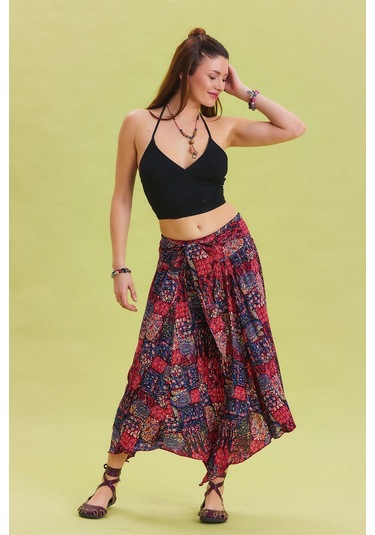 Beli Bağlamalı Salaş Midi Kloş Etek Kırmızı