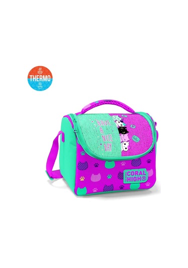 Coral High Kids Pembe Su Yeşili Kedi Desenli Thermo Beslenme Çantası 11854