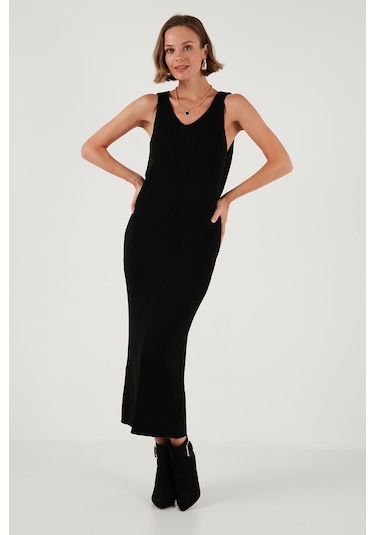 Lela V Yaka Fitilli Uzun Triko Bayan Elbise 4616169 Siyah