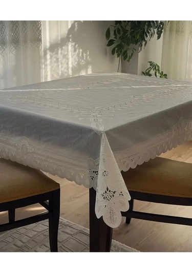 Muşamba Masa Örtüsü Dantel Görünümlü Pvc Krem Renk Krem