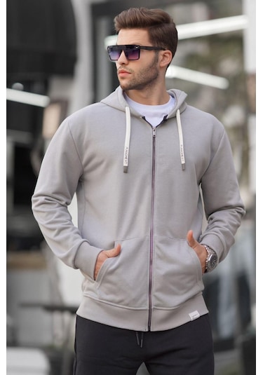 Madmext Boyalı Gri Fermuarlı Kapüşonlu Sweatshirt 6161-boyalı Gri Boyalı Gri