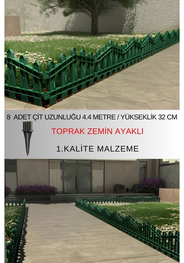 Dekoratif Plastik Bahçe Ve Peyzaj Çiti 8 Adet Çit Y: 32 Cm / G: 4.4 M Toprak Ayaklı - Yeşil