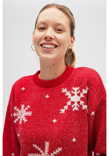 Peraluna Snowflake Kartanesi Desenli Unisex Yılbaşı Kazağı - Kırmızı Kırmızı