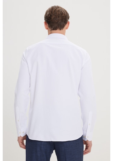 AC&Co / Altınyıldız Classics Erkek BEYAZ Slim Fit Dar Kesim İtalyan Yaka Armürlü Pamuklu Basic Gömlek Beyaz