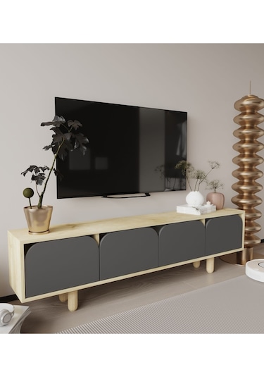 Lazio Bohem Ahşap Ayaklı Tv Ünitesi Tv Sehpası Safir Meşe-antrasit