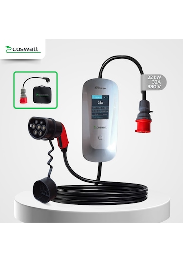 Elektrikli Araba Taşınabilir Şarj Cihazı 22 Kw / 32a / Tip-2 / 5x32a Fiş / Trifaze / 5m / Çantalı / Ev Tipi Dönüştürücü Kablolu 22 Kw