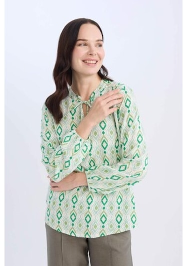 DeFacto Regular Fit Apaş Yaka Desenli Uzun Kollu Bluz N1809AZ25SPNM29 Yeşil