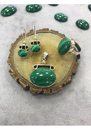 Malahit Malakit Taşlı Gümüş Set 925 Ayar Taş