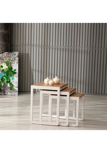 Doğal Ahşap Masif Panel Üçlü Zigon Sehpa Beyaz