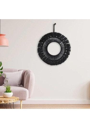 Pazly Yuvarlak Suntek Saçak Püskül-24cm Makrome Magideal Boho Ayna Asılı Jw Siyah