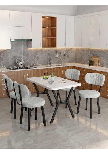 Azra 70x110cm Beyaz Mutfak Masası, Mutfak Masası Takımı, Yemek Masası, 4 Açık Gri Sandalye Açık Gri
