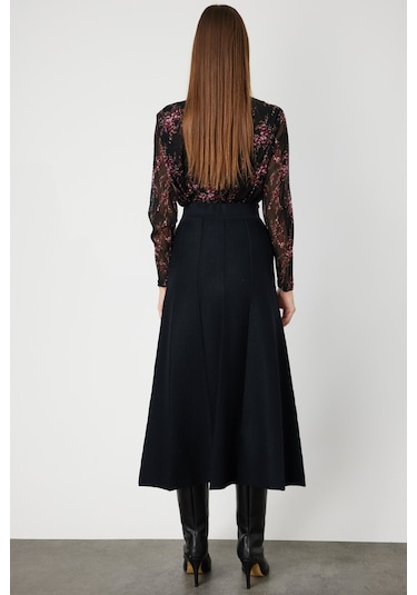 On Kadın Pileli Midi Triko Etek 65210 Siyah Siyah