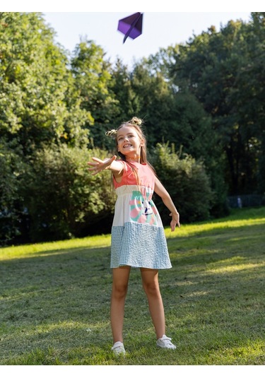 Sheshe Kısa Kollu Kareli Ve Çiçek Kız Çocuk Elbise Renkli