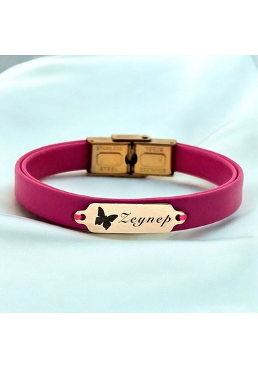 Archin Zeynep İsmine Özel 14 Ayar Altın Plakalı Doğal Pembe Derili Kelebek Figürlü Hediye Bileklik-651isim Zeynep
