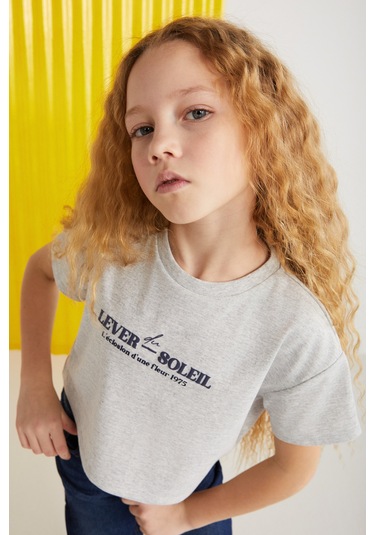 Grımelange Agate-grm24025 100% Pamuk Baskılı Kısa Kollu Kız Çocuk T-shirt Grimelanj T-shirt Gri Melanj