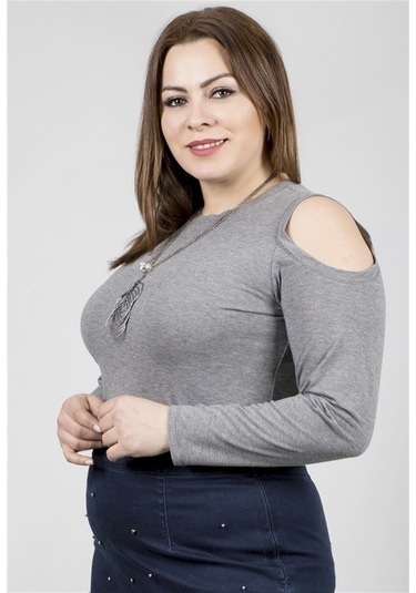 Omuzları Açık Kolyeli Uzun Kol Tişört (532253685)