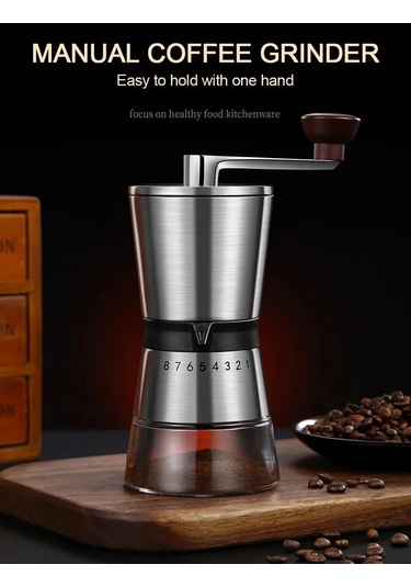 Jialan Manuel Kahve Değirmeni Seramik Çapaklar İle 2-3 Bardak Gümüş