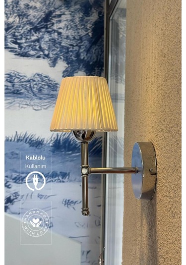 Beyaz Deri Tasarım Kablolu Duvar Aydınlatması Aplik - Alt Gümüş Beyaz