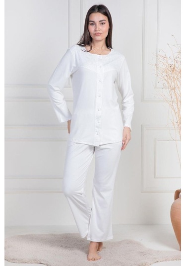 Mecit 6105 Bayan Ekru Büyük Beden Boydan Düğmeli Pijama Takımı Ekru