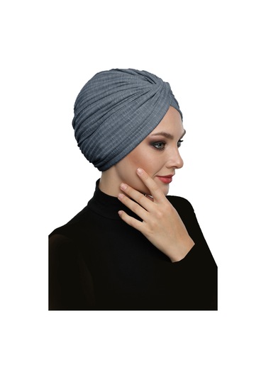 Çapraz Penye Astarlı Koyu Gri Hazır Türban Tesettür Havuz Bonesi Koyu Gri