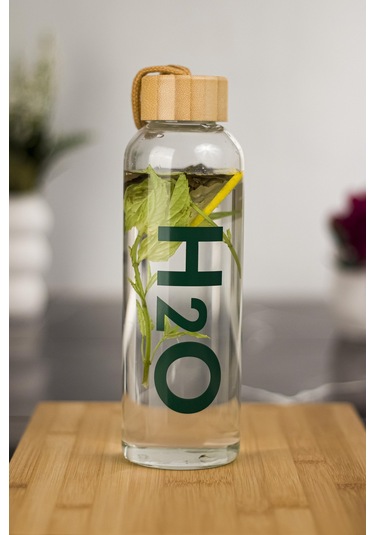 H2o Borosilikat Cam Matara Bambu Vakum Kapaklı Su Şişesi Suluk (Kumaş Kılıf Hediyeli) 600 ML Bambu