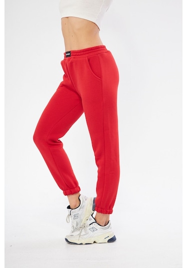 Lesa Wear Yüksel Bel Jogger Şardonlu Eşofman Altı Paçası Lastikli Kırmızı