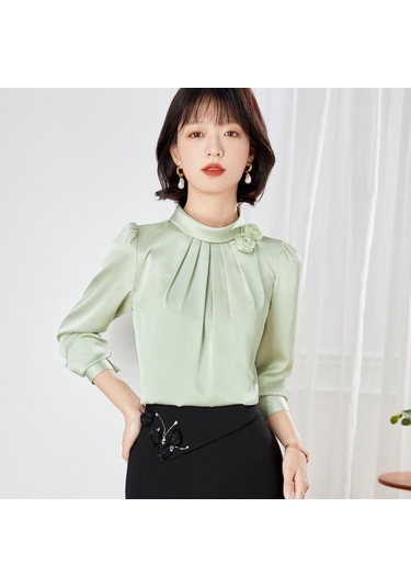 Zarif Ofis Kadın Çiçek Dekorasyon Saten Bluz Şifon Gömlek Kadın Üstleri Sonbahar Standı Yaka Uzun Kollu Elbise 23174 Yeşil