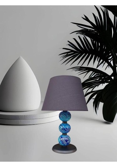 Üç Toplu Abajur Mavi Çini Siyah Şapka Mavi