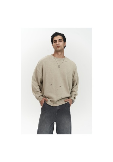 Alec Fitilli Yırtık Detay Bej Erkek Triko Kazak Bej