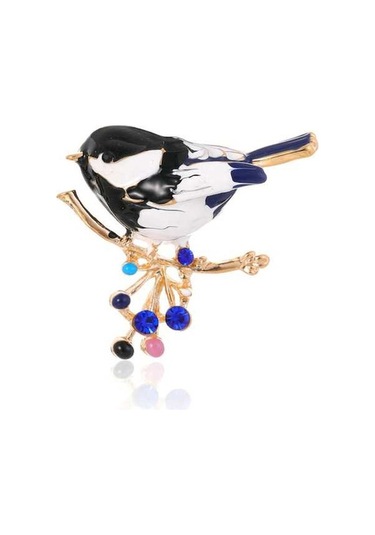 Flybuy : Şık Damla Kuş Broş, Altın Kaplama, İnci & Taşlı, Zarif Siyah Beyaz Çok Renkli