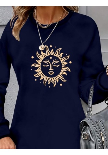 Kadın Uzun Kollu Bisiklet Yaka Güneş Desenli Viskon Iki Iplik Elbise Lacivert