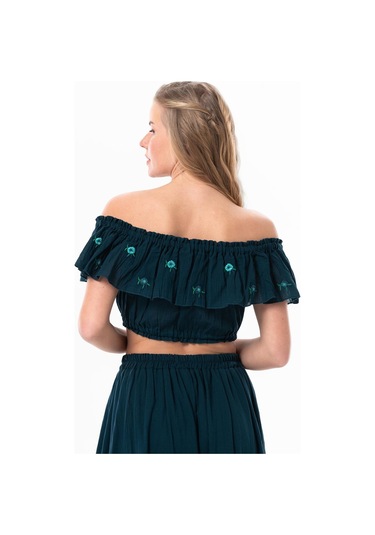Lavinya Vual Lastik Detaylı Nakışlı Yazlık Crop Bluz Petrol Ptrl-petrol Petrol