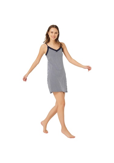 Cottonhill Lacivert Beyaz Çizgili İnce Askılı Pamuklu Kadın Gecelik Çizgili Lacivert