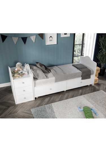 Angel Beşik Büyüyebilen Mavi Kulplu Komidinli