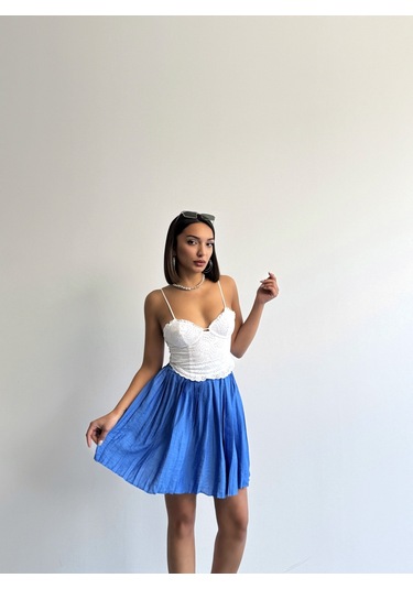 Kadın Modal Dokulu Piliseli Şortlu Mini Etek Mavi Kadın Modal Dokulu Piliseli Şortlu Mini Etek Mavi