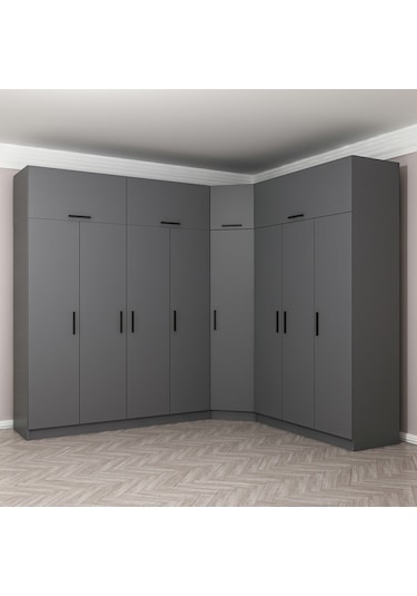 Minar Kale 8 Kapaklı 4 Ç Köşe Dolap + Yüklük Antrasit 255cm