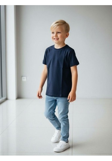 Zekids Çocuk Pamuklu Basic Yuvarlak Yaka T-shirt-16714 Lacivert