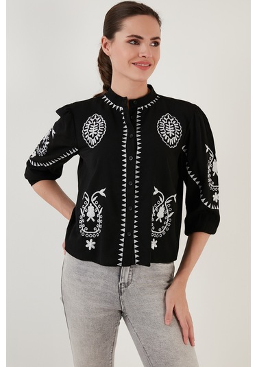 Lela Nakış Işlemeli Truvakar Kol Hakim Yaka Pamuklu Şile Bezi Bayan Gömlek 611Bz0044 Siyah-Ekru