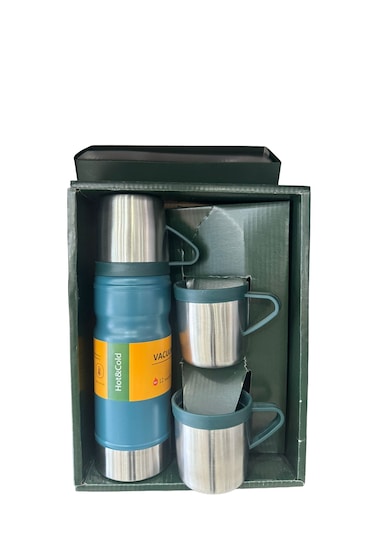 Thermohis 6158 Çelik Termos 3 Bardaklı Set Mavi