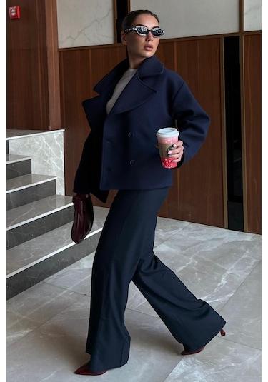 Lacivert Kısa Kaşe Kadın Kaban Mg2544 Lacivert