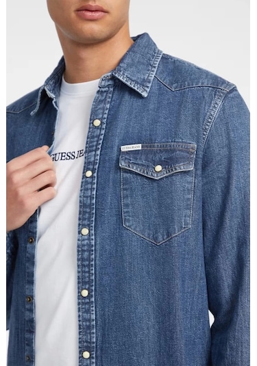 Guess Erkek Mavi Slim Uzun Kol Denim Gömlek Mavi