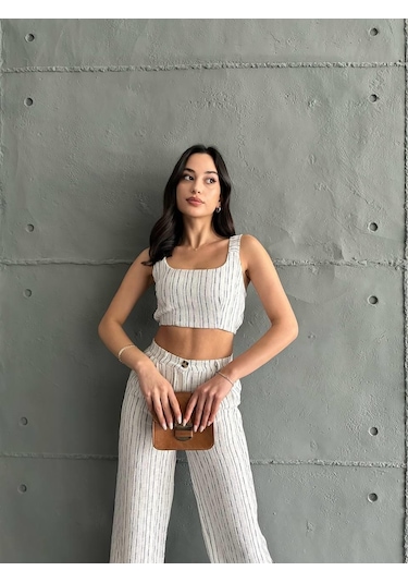 Eke Tekstil Lacivert Çizgili Crop Pantolon Keten Takım-lacivert Lacivert