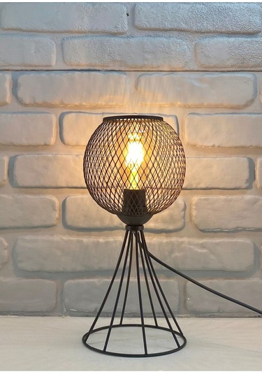 Siyah Metal Tel Ayaklı Hasır Küre Tel Şapkalı Abajur Masa Lambası Siyah