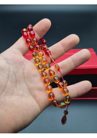 Sıkma Kehribar Tesbih İşçilikli Kırmızı - Sarı