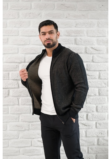 San&fa Dik Yaka Çizgili Fermuarlı Regular Fit Yünlü Triko Hırka Siyah