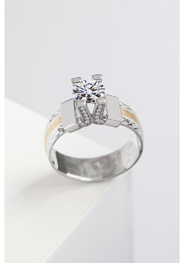 Altı Üç Şeritli Rodyumlu 925 Ayar Gümüş Bayan Alyans Yüzük -7966