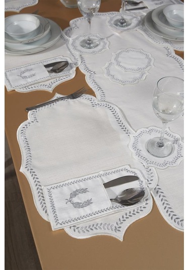 Nişan Keten Nakışlı Amerikan Servis Takımı 19 Parça Silver Gümüş