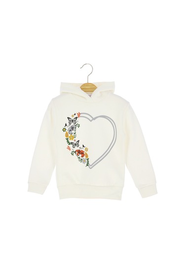 Kelebek Kalp Baskılı Kapüşonlu Üç İplik Sweatshırt Ekru