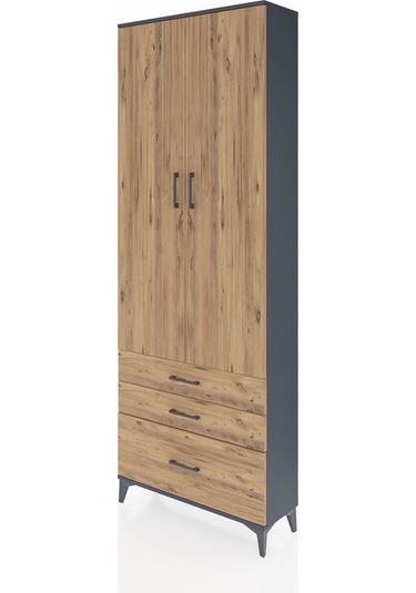Arges Dolap Tek Raflı 3 Çekmeceli Tek Askılı 88x30x243 Antrasit-çam Antrasit
